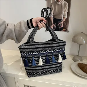 Woven Ethnic Tote Bag Black White Geometric Pattern Tassels Handbag Casual Women's Purse
