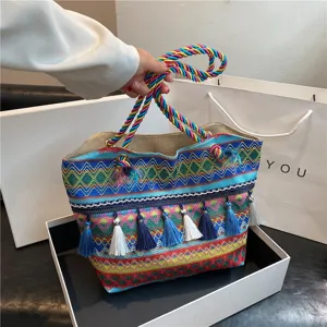 Ethnic style colorful woven tote bag with tassels, large capacity fashion shoulder bag for women.