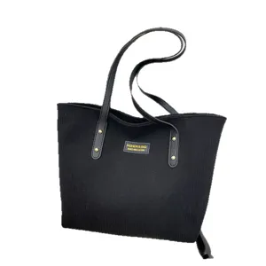 Black corduroy tote bag for women, casual vintage shoulder bag with large capacity daily commute.