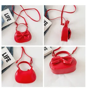 Kids red mini handbag with cute bow, stylish single shoulder messenger bag for girls.