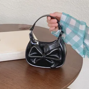 Kids mini black handbag cute bow PU leather shoulder bag stylish children crossbody purse