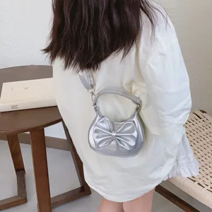 Cute silver bow children handbag stylish mini single shoulder crossbody bag detail view