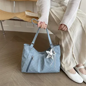 Korean style polka dot canvas shoulder tote bag, large capacity casual handbag with star pendant.