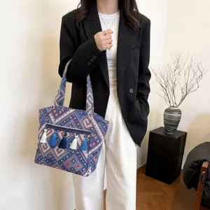 Vintage ethnic style canvas tote bag with tassels, large capacity women shoulder bag.