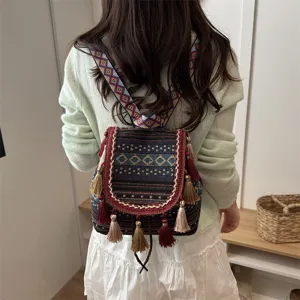 Ethnic style women backpack retro tassel geometric print casual fashion travel shoulder bag.