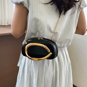 Chic black mini shoulder bag with gold metal handle and trendy chain strap for women daily