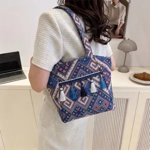 Ethnic style printed tote bag with tassels, large capacity casual shoulder bag for women.