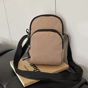Casual khaki canvas crossbody bag with double zipper pockets, compact daily shoulder purse