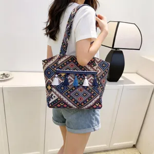 Ethnic style geometric pattern canvas tote bag with tassels for women, casual bag.