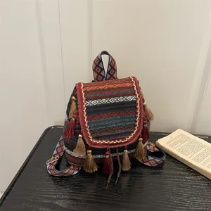 Ethnic style casual backpack bohemian woven pattern with tassels for travel and daily use