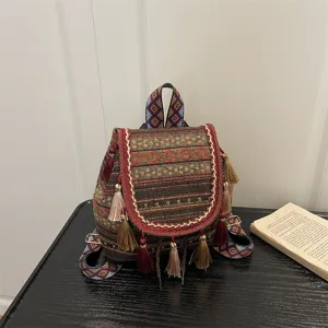 Bohemian ethnic style casual backpack with geometric tassel patterns for travel and daily use.