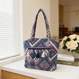 Ethnic style woven tote bag large capacity retro shoulder handbag for women commuting travel
