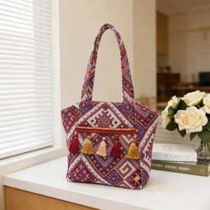 Ethnic Woven Tote Bag Detail Showing Intricate Geometric Patterns And Tasseled Accents