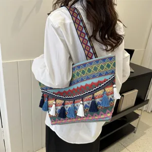 Ethnic style woven tote bag detail showing colorful geometric patterns and decorative tassels.