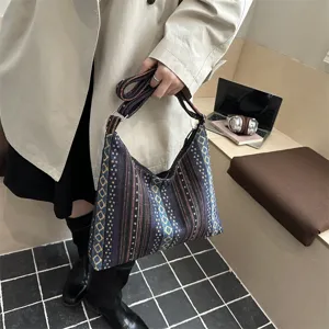 Ethnic style woven shoulder bag for women, large capacity casual tote and crossbody bag.