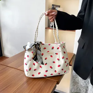 Borsa shopper in corduroy con stampa fragole, grande borsa a spalla casual per donna.