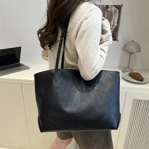 Black PU leather tote bag large capacity shoulder handbag casual daily commute underarm bag