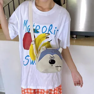 Cute cartoon children's crossbody bag with playful animal design and comfortable strap.