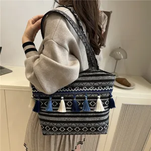 Ethnic woven shoulder bag detail, showcasing intricate geometric patterns and blue white tassels.