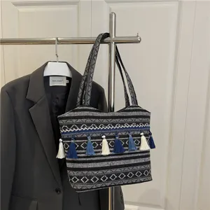 Ethnic woven tote bag with tassels large capacity shoulder underarm bag casual daily handbag