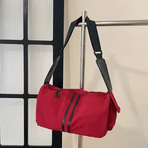 Red nylon shoulder duffel bag, casual large capacity travel bag for daily outdoor use, stylish.