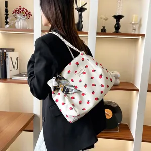 Borsa a tracolla da donna in velluto a coste bianco con stampa fragola, grande capacità.