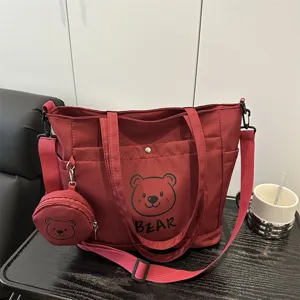 Korean style printed bear large canvas tote bag with pouch, casual versatile shoulder bag.