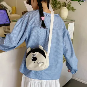 Cute cartoon canvas children shoulder bag with cute puppy print and adjustable strap.
