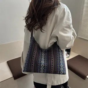 Detail shot of ethnic style woven shoulder bag, showcasing geometric pattern and texture.