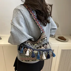 Close-up of the ethnic style woven shoulder bag with colorful patterns and tassels.
