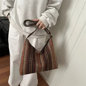 Ethnic style woven shoulder bag for women, large capacity canvas messenger tote bag retro design.