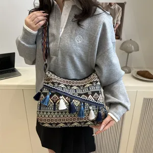 Bohemian ethnic style tassel shoulder bag casual geometric stripe handbag daily use elegant