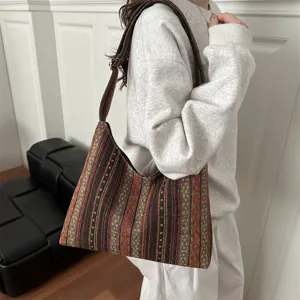 Woven ethnic style shoulder bag for women, large capacity casual tote and crossbody bag.
