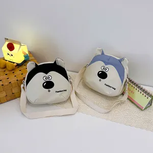 Cute cartoon husky canvas shoulder bag for kids, casual crossbody coin purse, new style.