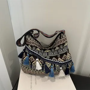 Ethnic Woven Boho Shoulder Bag with Tassels Casual Large Capacity Daily Tote Handbag