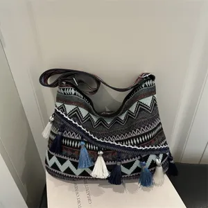 Ethnic style woven shoulder bag for women, casual vintage geometric pattern tote with tassels.