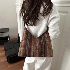 Women large capacity shoulder tote bag retro ethnic style woven crossbody bag everyday casual