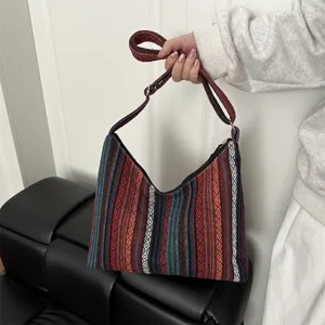 Ethnic style woven shoulder bag for women, large capacity crossbody tote bag with strap.