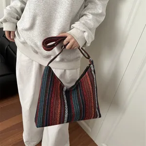 Ethnic woven shoulder bag for women, boho geometric pattern hobo bag, stylish casual crossbody.