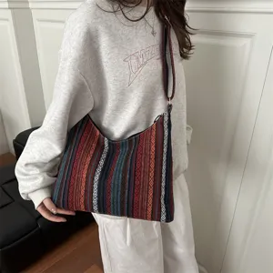 Ethnic style woven canvas shoulder bag large capacity casual crossbody tote bag for women