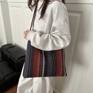 Ethnic style woven tote bag for women, large capacity vintage striped shoulder crossbody bag.