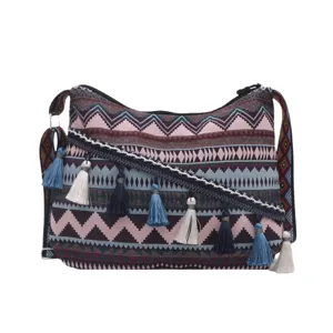Bohemian ethnic style woven tassel shoulder bag casual large capacity stripe tote bag