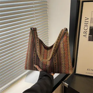 Ethnic geometric woven tote bag for women, large capacity vintage shoulder messenger bag.