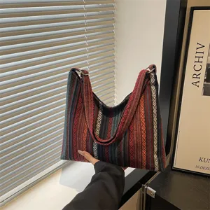 Ethnic style woven shoulder bag multi-color geometric pattern casual daily tote bag details view