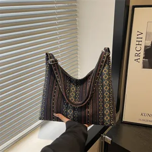Ethnic style woven canvas tote bag for women large capacity vintage shoulder crossbody bag