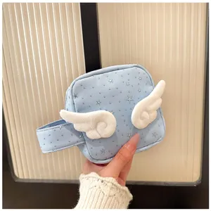 Blue star makeup pouch with white plush angel wings cute clutch portable storage bag