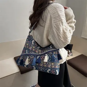 Bolso Bandolera Étnico Patchwork Borlas Gran Capacidad Bolso De Mano Para Mujer