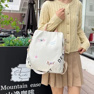 Women casual daily backpack with floral embroidery stylish multi-purpose daypack beige