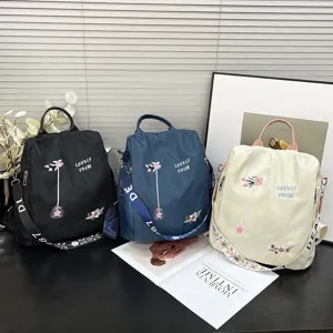 Women Casual Waterproof Nylon Backpack Large Capacity Anti-Theft School Bookbag With Embroidery Floral Design Fashion Daypack