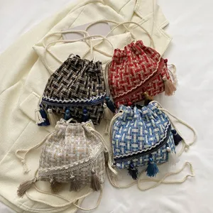 Women Ethnic Style Woven Tweed Tassel Bucket Bag Vintage Retro Canvas Shoulder Crossbody Bag Small Handbag Purse